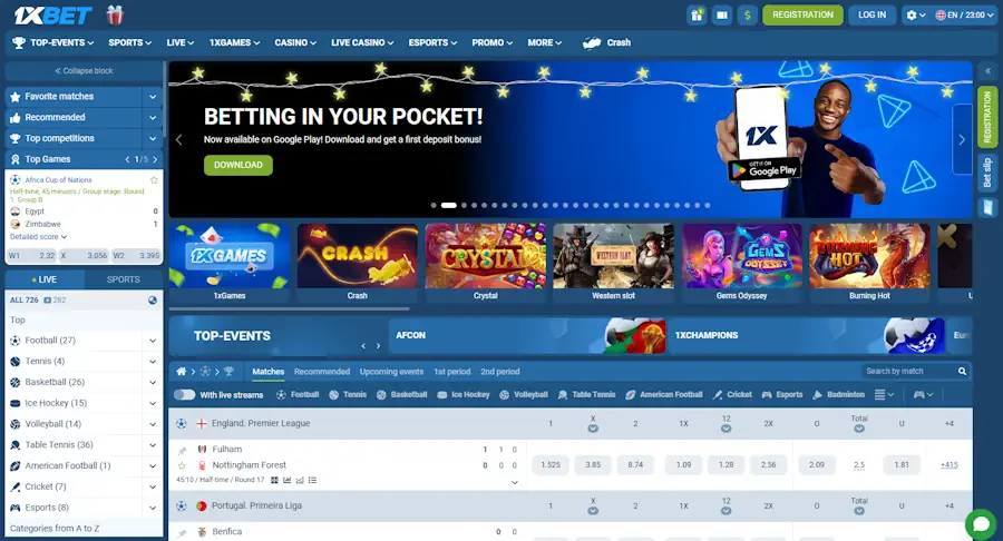 1xBet Casino and Sportsbook Homepage Screenshot